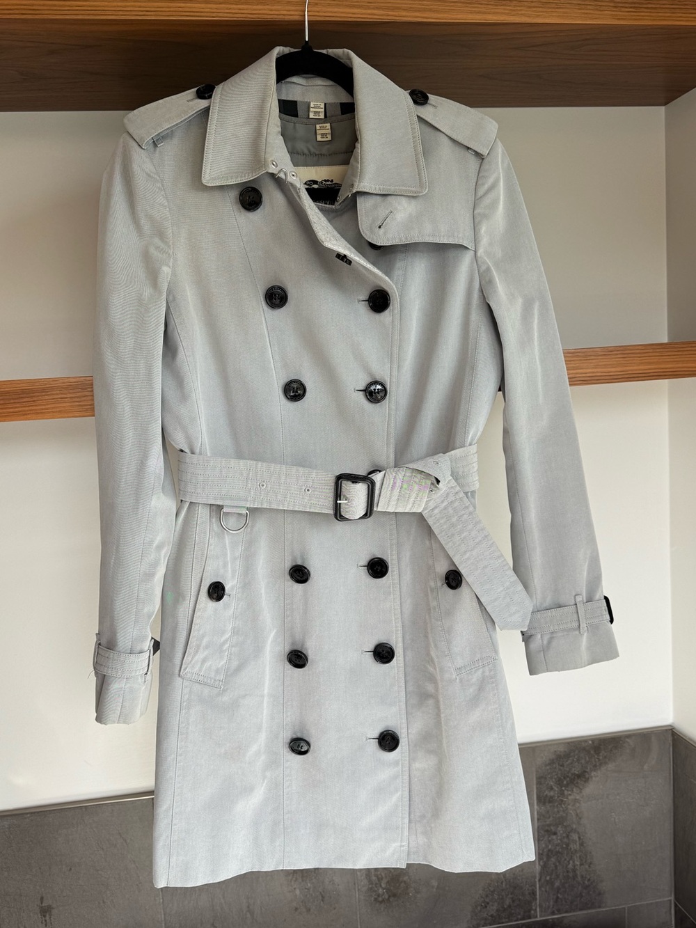 Burberry Light Gray Double-Breasted Trench Coat with Belt